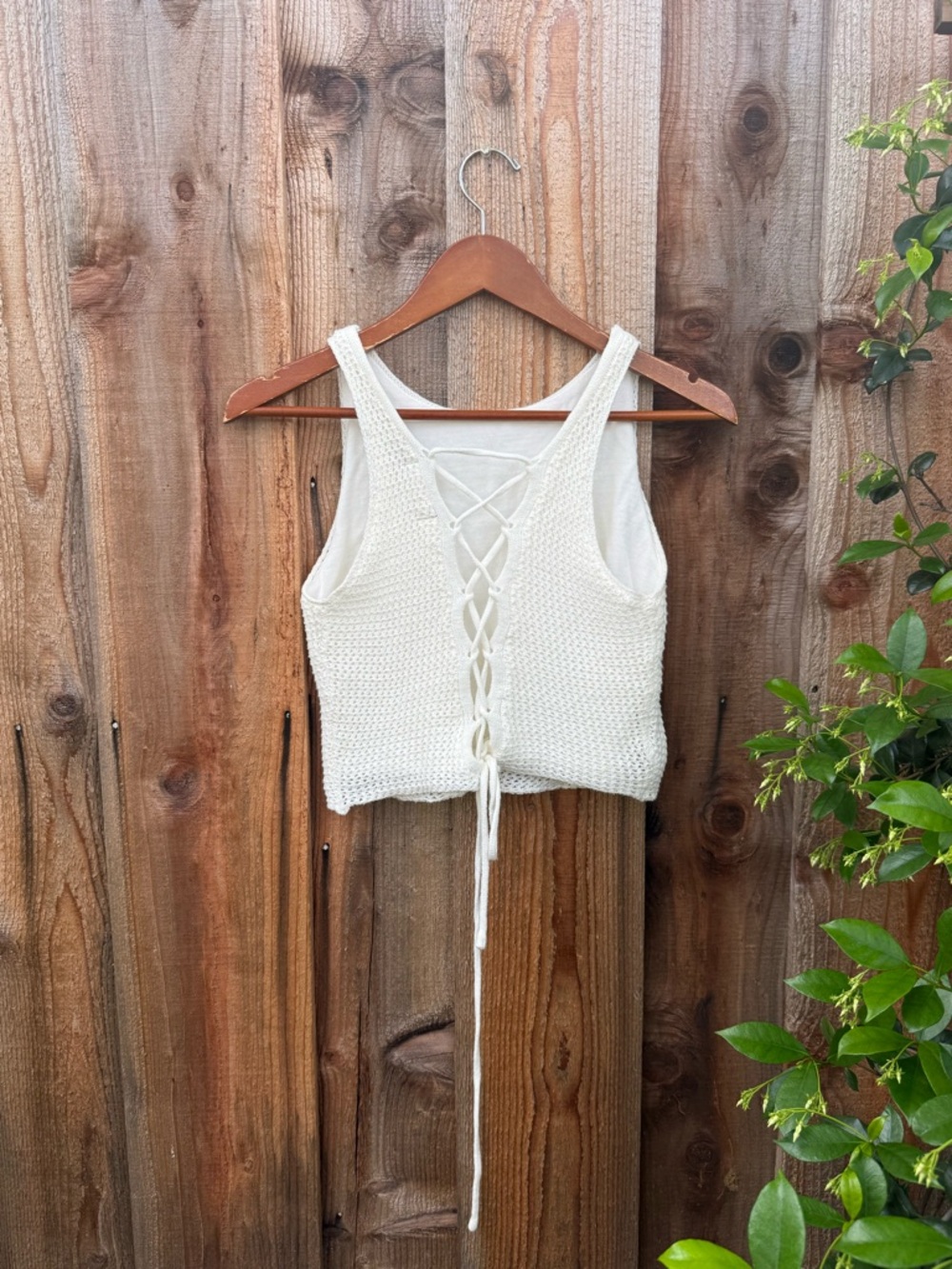 White Crochet Knit Cropped Corset Back Tank Top 🌿 - Picture 6 of 7